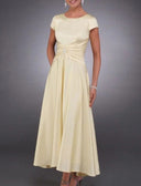 A-line Jewel Neck Short Sleeve Ankle Length Satin Mother of Bride Dress, Crystals