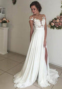 A-line Lace Off Shoulder Chiffon Court Train Split Wedding Dress