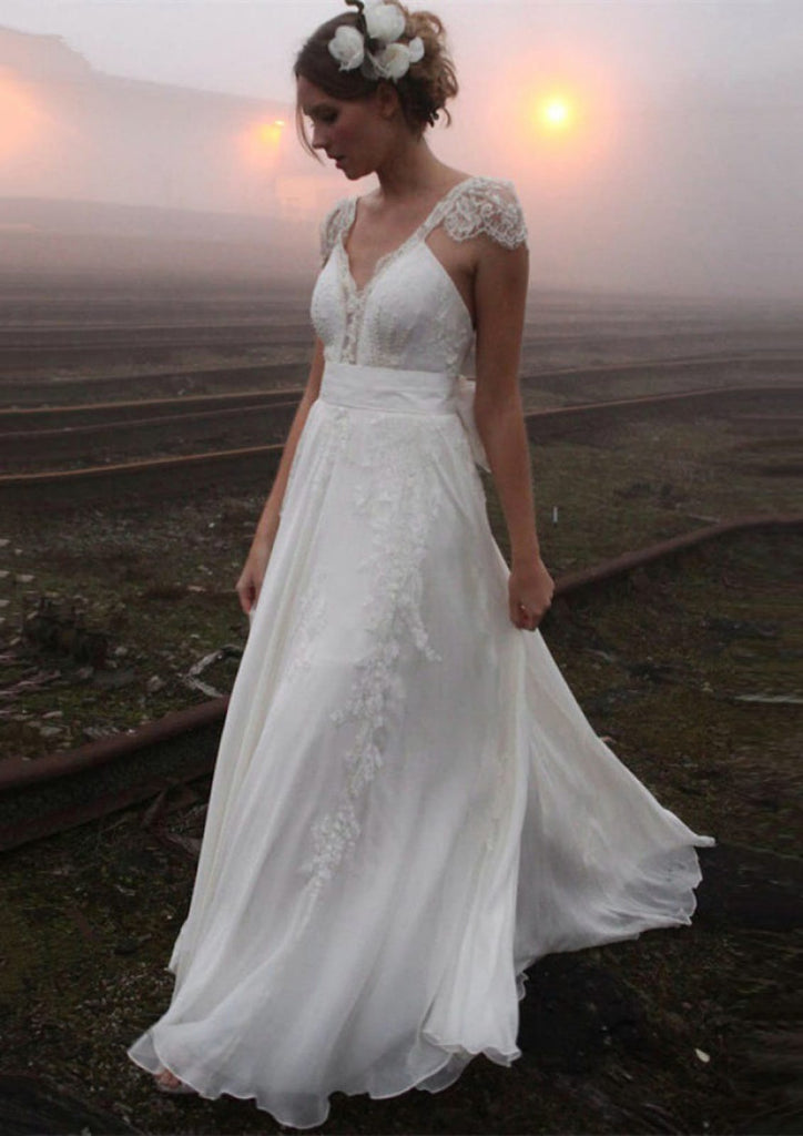 A-line Lace Cap Sleeve Backless Court Chiffon Wedding Dress, Bowknot