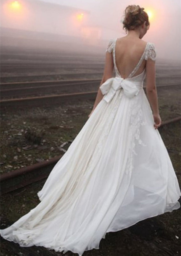 A-line Lace Cap Sleeve Backless Court Chiffon Bridal Dress 