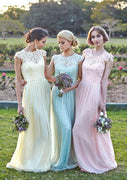 A-line Lace Cap Sleeve Round Neck Floor-Length Chiffon Bridesmaid Dress