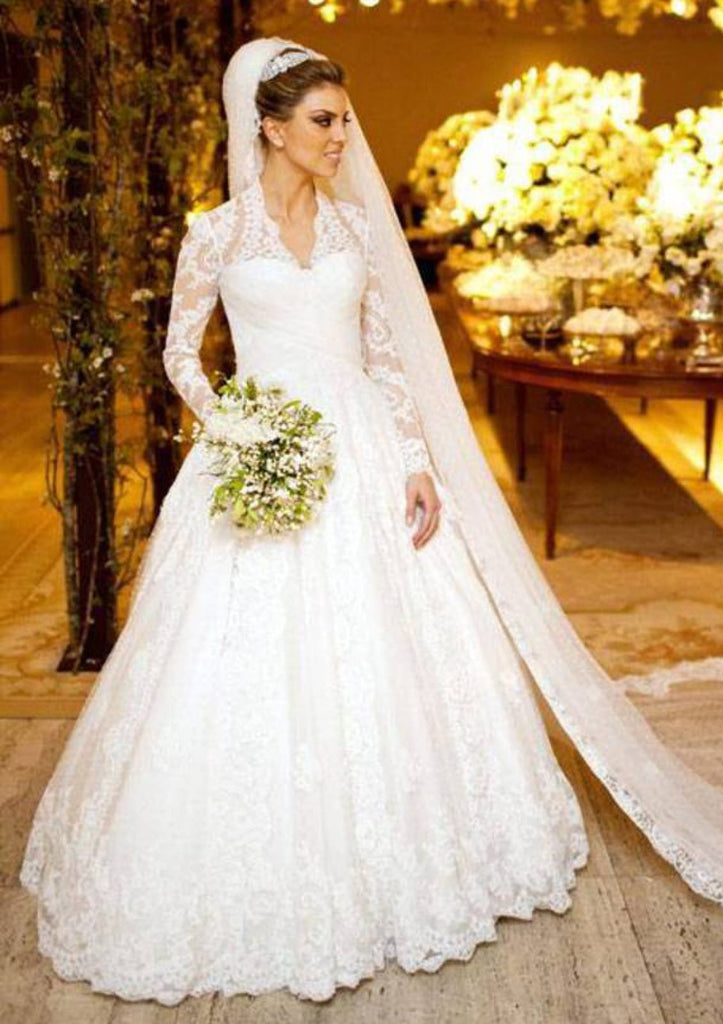Ball Gown Scalloped Neck Full Sleeve Button Chapel Lace 