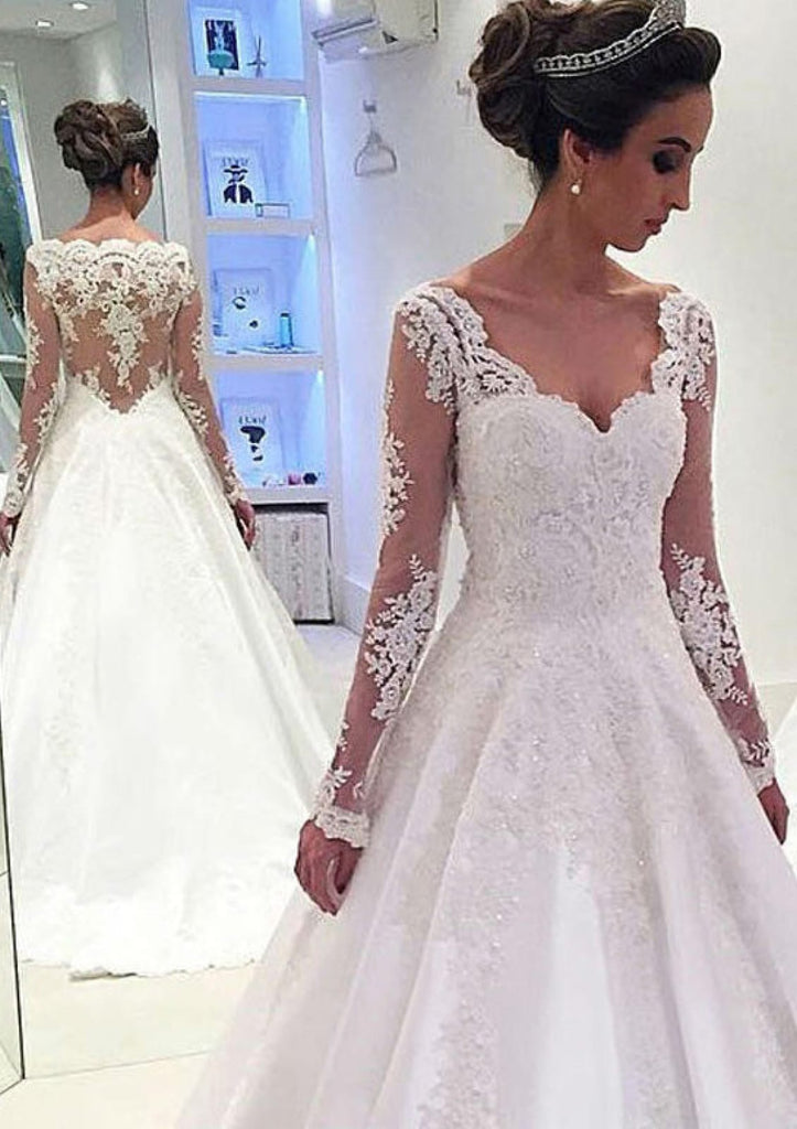 A-Line Long Sleeve Sweetheart Court Train Lace Wedding Dress