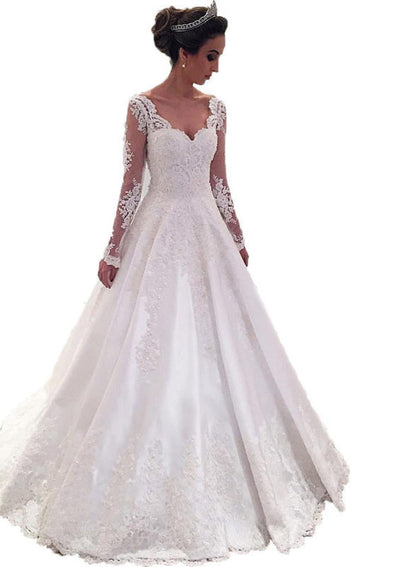 A-Line Long Sleeve Sweetheart Court Train Lace Wedding Dress