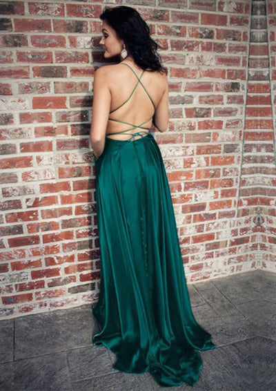 A-line Long Sweep Green Charmeuse Strappy Back Wrap Split