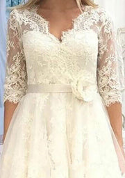 A-line V Neck 3/4 Sleeve Tulle Lace Tea-Length Wedding Dress