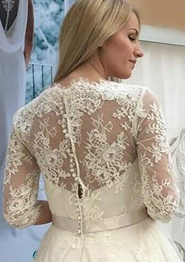 A-line V Neck 3/4 Sleeve Tulle Lace Tea-Length Wedding Dress