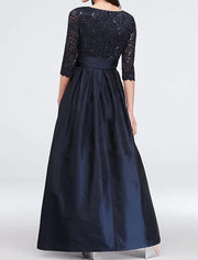 A-line V Neck Floor Length Lace Satin 3/4 Sleeve Navy Mother