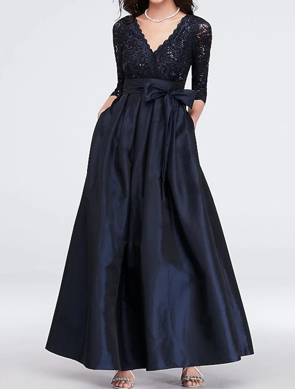 A-line V Neck Ankle Length Lace Satin 3/4 Sleeve Navy Mother of Bride Dress, Sash A-line V Neck Ankle Length Lace Satin 3/4 Sleeve Navy Mother of Bride Dress, Sash