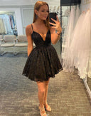 A-Line V Neck Black Lace Glitter Straps Corset Back Homecoming Dress