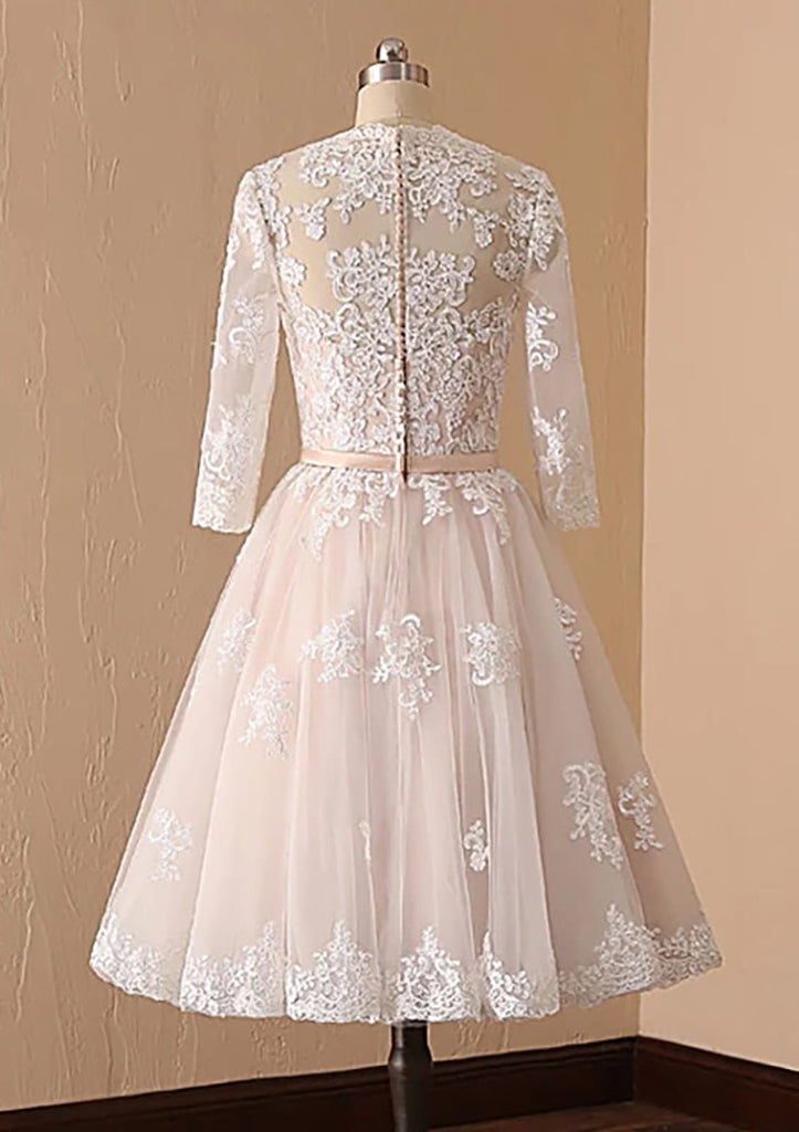 A-line V Neck Champagne Lace Tulle Tea-Length Wedding Dress 