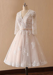 A-line V Neck Champagne Lace Tulle Tea-Length Wedding Dress 