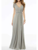 A-line V Neck Floor Length Lace Short Sleeve Mother of Bride/Wedding Guest Dress
