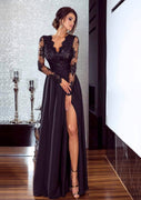 A-line V Neck Illusion Long Sleeve Floor-Length Black Chiffon Prom Dress, Split Lace