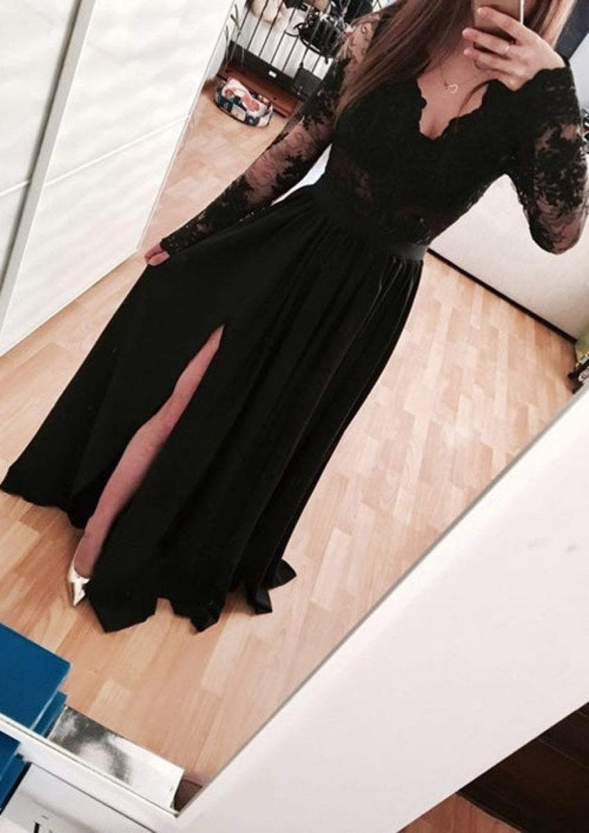 A-line V Neck Illusion Long Sleeve Floor-Length Black Chiffon Prom Dre ...