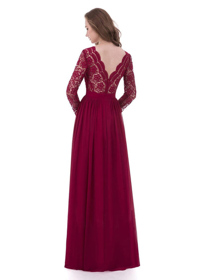 A-line V Neck Long Sleeve Burgundy Lace Chiffon Formal Dress