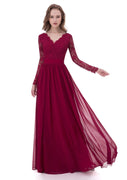 Трапеция с V-образным вырезом и длинными рукавами Бордовое кружевное шифоновое торжественное платье