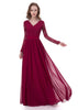 Abito formale in chiffon di pizzo bordeaux a maniche lunghe con scollo a V