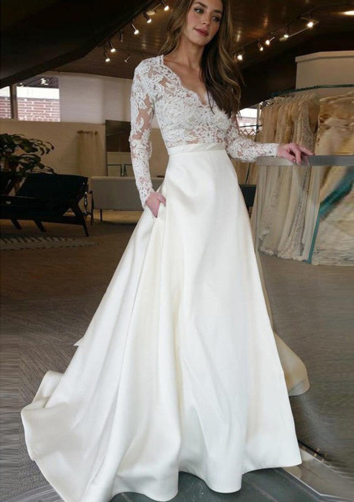 A-line V Neck Long Sleeve Sweep Lace Satin Wedding Dress - Princessly A-line V Neck Long Sleeve Sweep Lace Satin Wedding Dress - Princessly