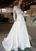 A-line V Neck Long Sleeve Sweep Lace Satin Wedding Dress