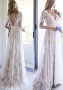 A-line V-Neck Short Sleeve Court Lace Bridal Wedding Dress