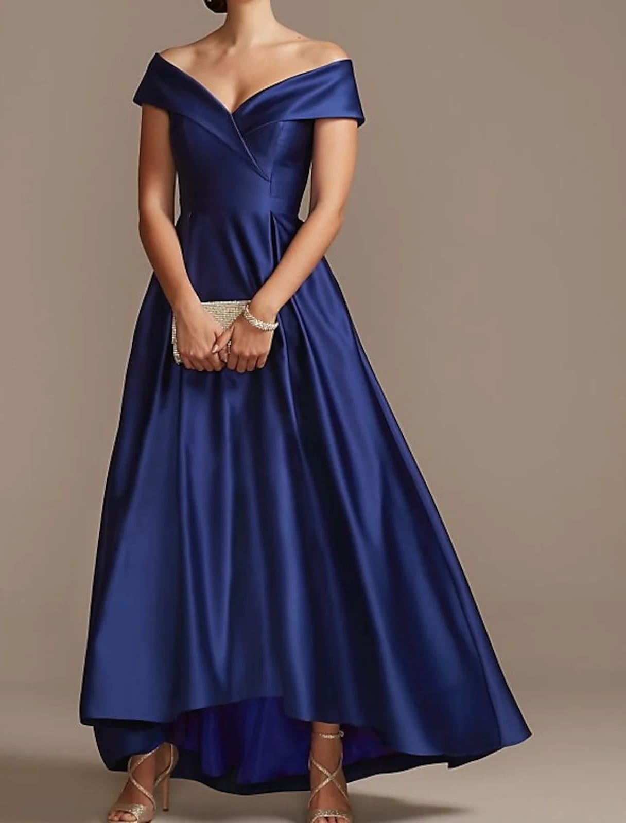 A-line V-neck Off Shoulder Hi Low Satin Mother of Bride/Wedding Guest