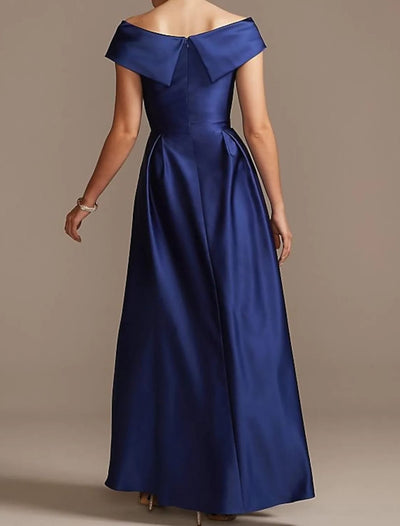 A-line V-neck Off Shoulder Hi Low Satin Mother of the Bride 