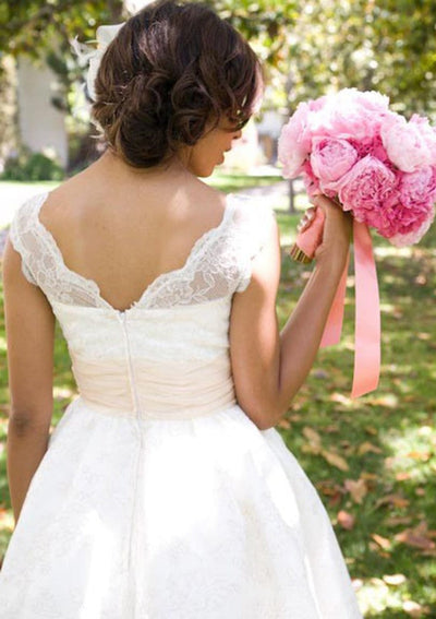 A-line V Neck Cap Sleeve Tea-Length Ivory Lace Wedding Dress