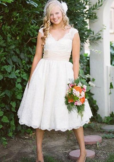 A-line V Neck Cap Sleeve Tea-Length Ivory Lace Wedding Dress