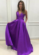 A-line V Neck Sleeveless Cut-out Piso-Length Purple Satin Prom Dress, Pleats