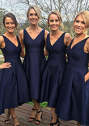 A-line V-Neck Sleeveless Hi Low Tea-Length Navy Satin Bridesmaid Dress
