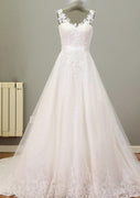 A-line V Neck Sleeveless Illusion Lace Tulle Wedding Dress, Sash