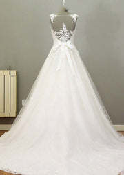 A-line V Neck Sleeveless Illusion Lace Tulle Wedding Dress 