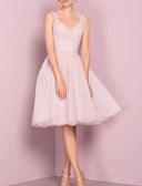 A-line V Neck Sleeveless Knee Length Tulle Homecoming Dress Bridesmaid Dress, Pleats
