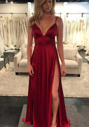 A-line V Neck Sleeveless Straps Sweep Wine Red Charmeuse Prom Dress, Split