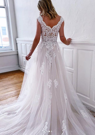 A-line Off Shoulder Tulle Lace Chapel Wedding Dress Beading 