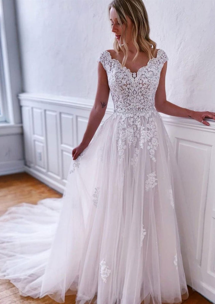 A-line Off Shoulder Tulle Lace Chapel Wedding Dress Beading 