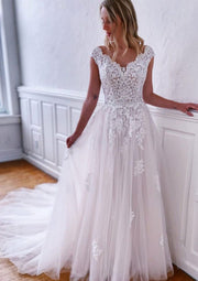 A-line Off Shoulder Tulle Lace Chapel Wedding Dress Beading 