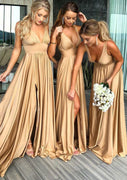 A-line V-Neck Sleeveless Waistband Sweep Train Split Charmeuse Bridesmaid Dress