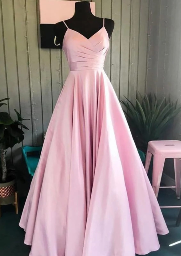 A-line V Neck Long/Floor-Length Satin Prom Dress