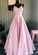 A-line V Neck Straps Cross Lace-up Long Ruching Pink Satin Prom Dress