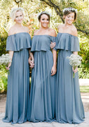 A-line Off Shoulder Floor-Length Ruffles Pleated Chiffon Wedding Party Bridesmaid Dress