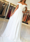 A-line Off Shoulder White Chiffon Formal Evening Dress, Beaded Lace