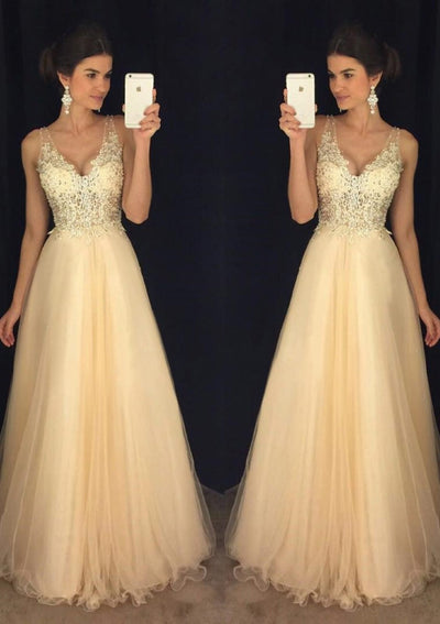 A-line Open V Back Long Champagne Tulle Prom Dress Evening 