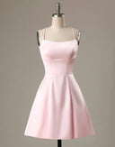Aライン ピンク サテン ダブルストラップ バックレス ショート ホームカミング用ドレス