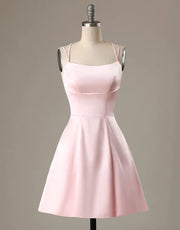 A-Line Pink Satin Double Straps Backless Short Homecoming 