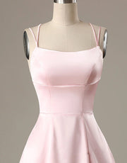 A-Line Pink Satin Double Straps Backless Short Homecoming 