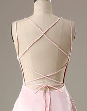 A-Line Pink Satin Double Straps Backless Short Homecoming 