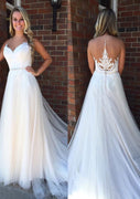 A-line Pleats Tulle Sleeveless Illusion Court Bridal Dress, Lace Beaded Waistband
