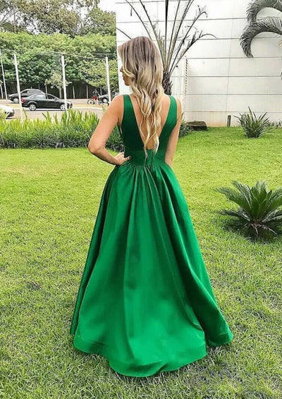 A-line Plunge Sleeveless V Back Long Green Satin Evening